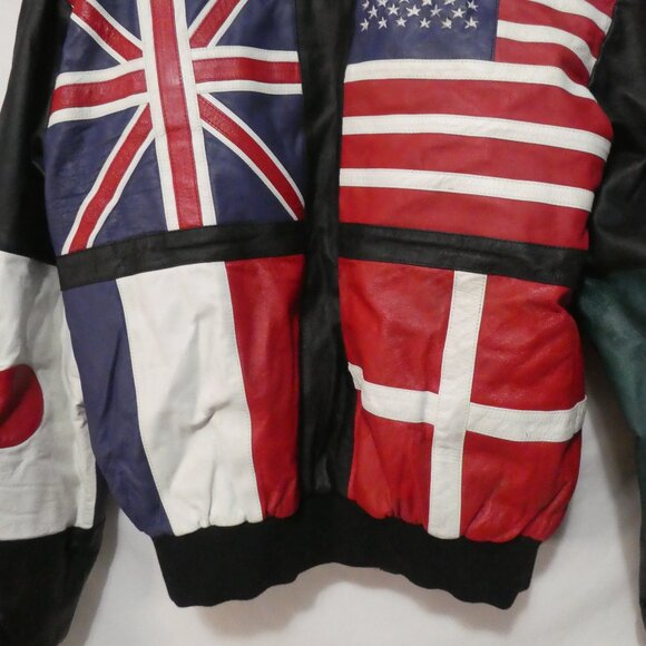 Vintage | Men’s Black Leather International Flag Bomber Jacket | xxl - Picture 13 of 14